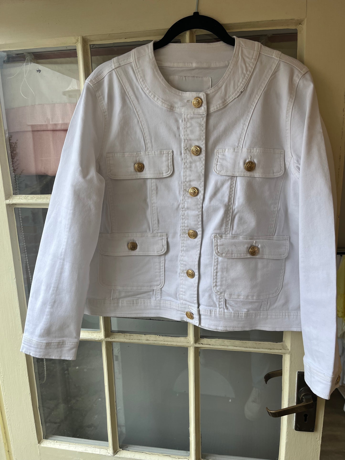Gold Button Round Neck Denim Stretch Jacket