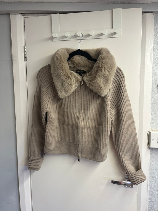 Fur Collar Ribbed Cardigan