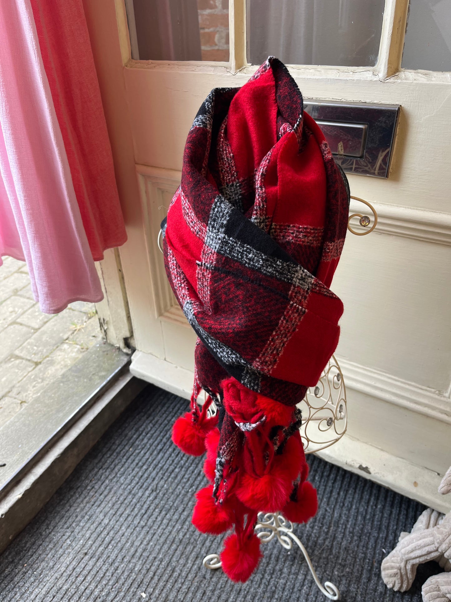 Red Tartan PomPom scarf