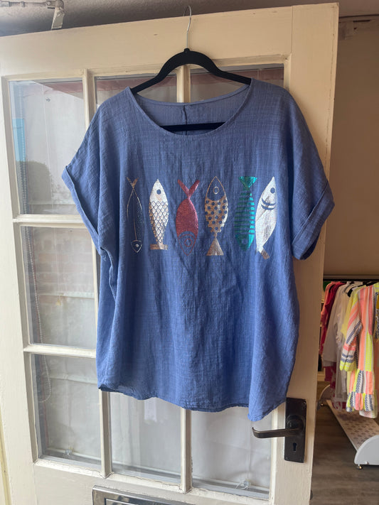 Fish Print Cotton Top