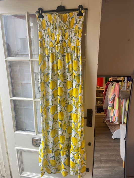 Lemon Print Shirred Maxi Dress