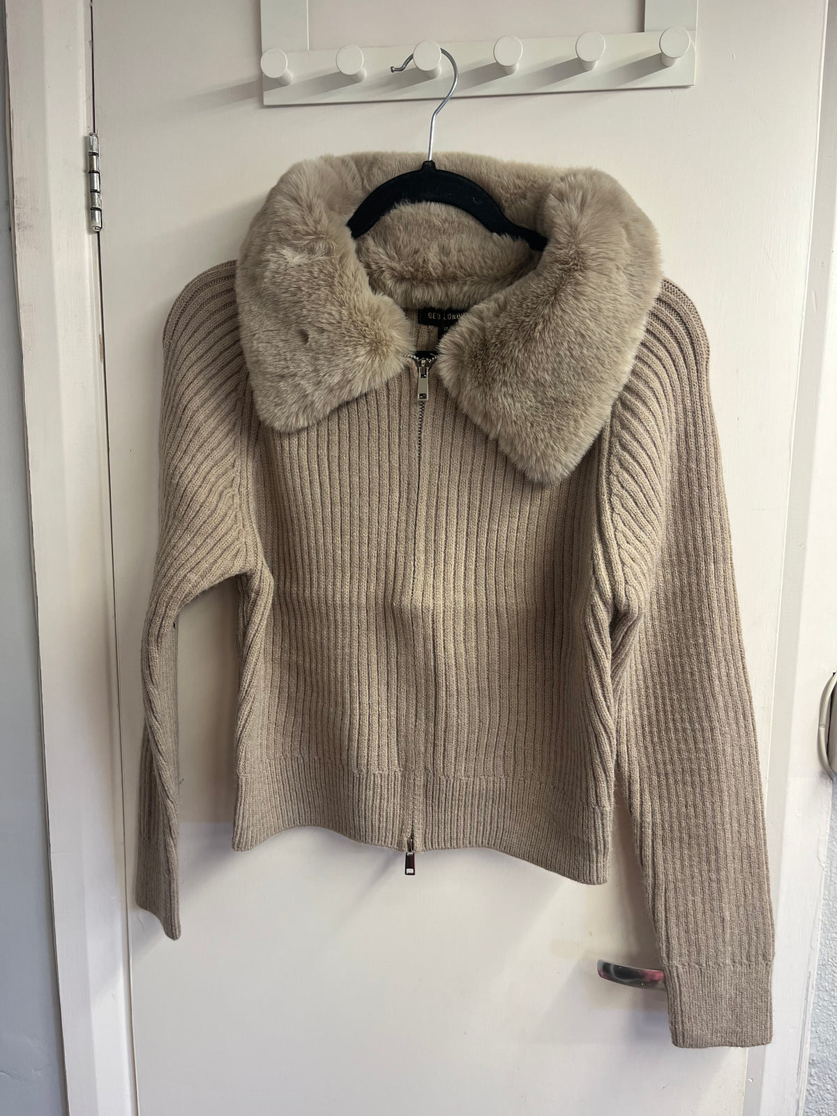 Fur Collar Ribbed Cardigan
