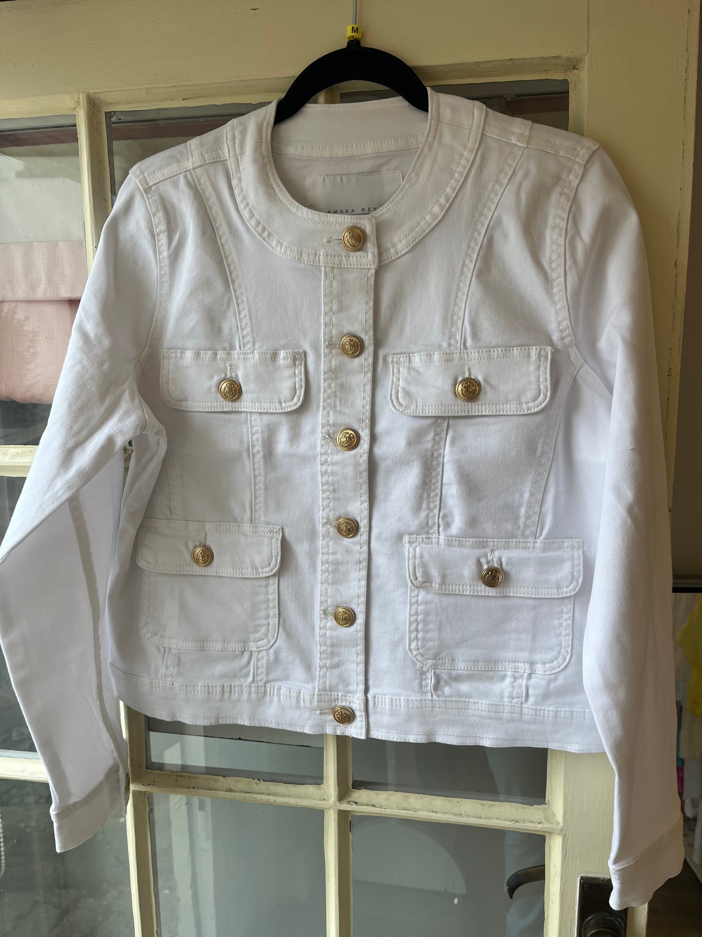 Gold Button Round Neck Denim Stretch Jacket