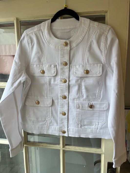 Gold Button Round Neck Denim Stretch Jacket